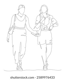 2 women talking and walking. Front view. Continuous line drawing. Black and white vector illustration in line art style.