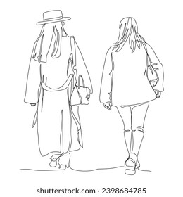 2 women walking away and talking. Wearing warm coat and jacket on cold autumn day. Rear view. Continuous line drawing. Black and white vector illustration in line art style.