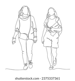 2 mujeres caminando. Tener teléfonos móviles. Dibujo de una sola línea. Ilustración vectorial en blanco y negro en estilo de arte en línea.