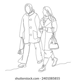 2 women in warm clothes walking. Wearing coat, jacket, headscarf. Continuous line drawing. Black and white vector illustration in line art style.