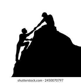 2 work risk human leader render union trust try effort crisis life arm reach up hang fail hiker white sky. Line aid care sketch graphic vector art cartoon unity high hill canyon peak gap pit top win