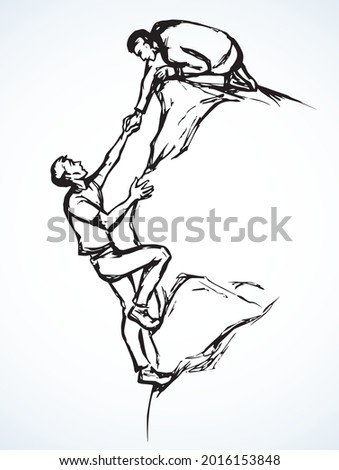 2 work risk human leader render union trust try effort crisis life arm reach up hang fail hiker white sky. Line aid care sketch graphic vector art cartoon unity high hill canyon peak gap pit top win