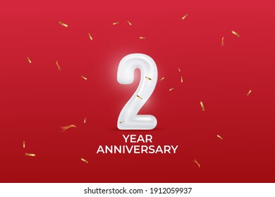 2 year anniversary banner. vector illustration with balloon number, sparkling confetti on red background.