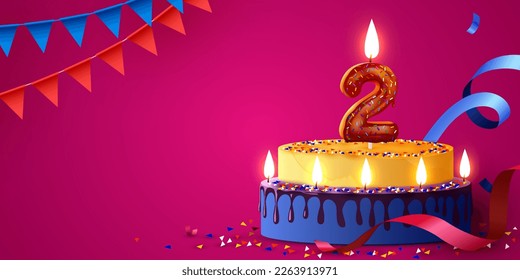 2 años. Pastel con velas ardientes y confeti. Cartel de cumpleaños. Ilustración del vector