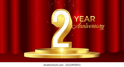 2 year anniversary celebration. Elegant gold birthday and logo isolated on red and black curtain background, vector design for celebrations, invitations and greeting cards