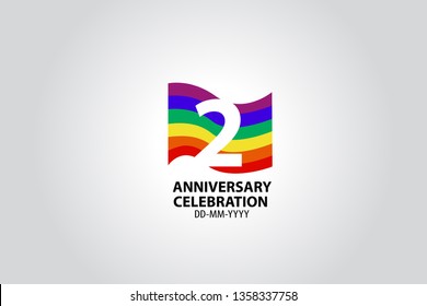 2 year anniversary celebration logotype with white number Emboss Style isolated on LGBT Colorful Flag on white grey background for invitation card, banner or flyer - vector