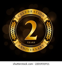 2 Year Anniversary celebration template design, with shiny ring and gold ribbon, laurel wreath isolated on black background, logo vector