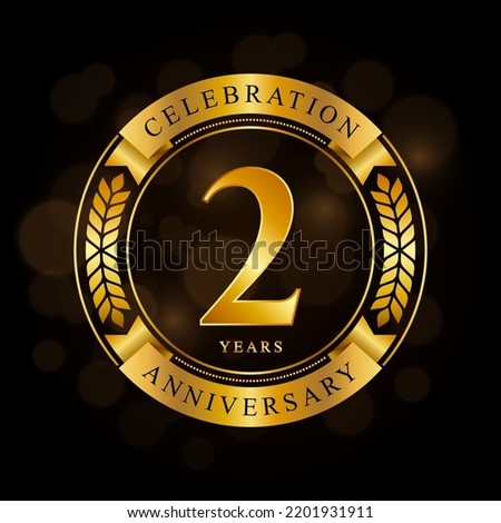 2 Year Anniversary celebration template design, with shiny ring and gold ribbon, laurel wreath isolated on black background, logo vector