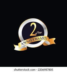 Celebración del 2 Aniversario Diseño Vector con anillo y cinta. Celebración del 2° Aniversario. Banner de lujo de oro de la celebración del 2do Aniversario. Segunda tarjeta de celebración. Aniversario del vector