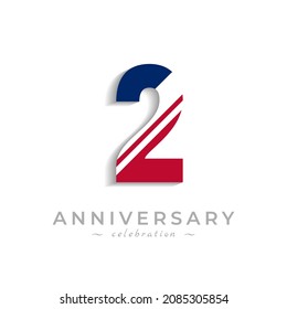 2 Year Anniversary Celebration with White Slash in Red and Blue American Flag Color. Happy Anniversary Greeting Celebrates Event Isolated on White Background