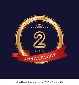 2 year anniversary logo with gold ring and red ribbon, vector template