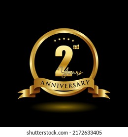 2 year anniversary logo with golden ring and ribbon for booklet, leaflet, magazine, brochure poster, banner, web, invitation or greeting card. Vector illustrations.