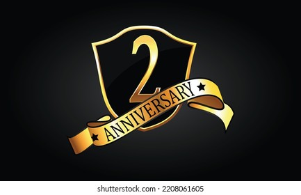 2 year anniversary logo with golden shield and ribbon. Dark elegant concept anniversary. 2nd Anniversary celebration background. Second anniversary banner vector