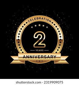 2 year anniversary logo with a number and golden ribbon, vector template