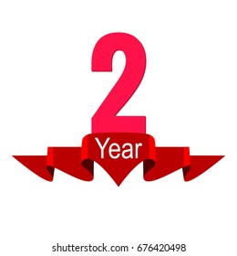 2 year anniversary logo with red ribbon. Flat style vector illustration