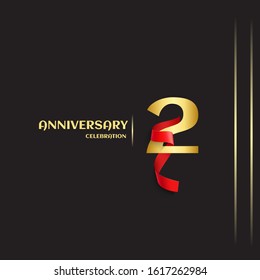 2 year anniversary logo template on black background. golden numbers with red ribbon vector