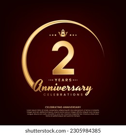2 year anniversary template design with golden number and ring for birthday celebration event, invitation, banner poster, flyer, and greeting card, vector template
