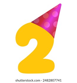 2 year Birthday Celebration. Two-year anniversary or birthday with Yellow number 2 with Pink Party hat on white background. Used for birthdays, company anniversaries.