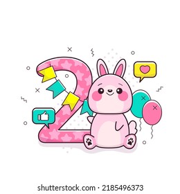 2 year birthday invitation or greeting with cute bunny