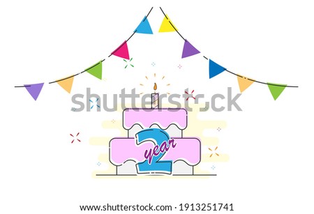 2 year. Cake with a candle and colored flags for congratulations on a birthday, holiday, wedding or anniversary. Flat style.