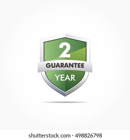 2 year guarantee logo vector on a green shield with silver ribbon on it with lighting and shadow effect