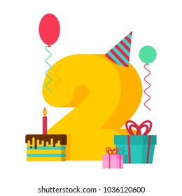 2 year Happy Birthday greeting card. 2th anniversary celebration Template. Two number and festive piece of cake with candle. Balloon and Gift box.
