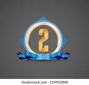 2 year logotype anniversary design with white ring, blue ornament and ribbon for use celebration event of your company, party, wedding and precious moment
