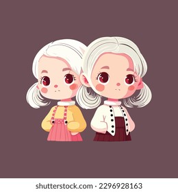 2 year old girls, cute cartoon style, white hair, happy, simple vector style