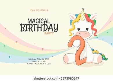 Invitación a la fiesta de cumpleaños de niños mágicos de dos años con unicornio de arcoiris lindo