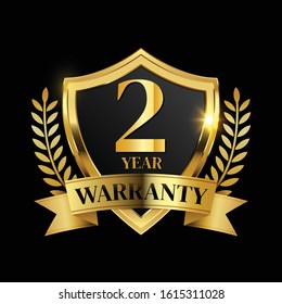 2 year warranty logo with golden shield and golden ribbon.Vector illustration.
