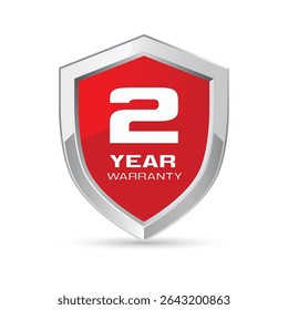 2 year warranty silver metal shield in red color vector illustration. Two year warranty protection icon. Metallic security badge. Red glossy metal emblem.