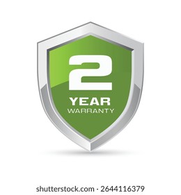 2 year warranty silver metal shield in green color. Two year warranty shield vector illustration. Metallic security badge.