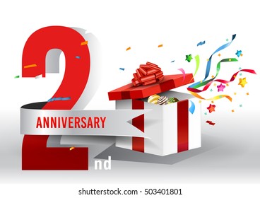 2 years anniversary background with ribbon, confetti and gift on white. Poster or brochure template. Vector illustration.