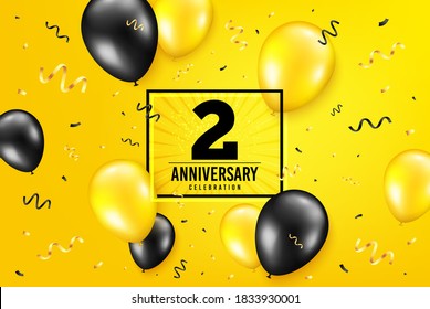 2 years anniversary. Anniversary birthday balloon confetti background. Two years celebrating icon. Celebrate yellow banner. Birthday party balloon background. Age in a frame box. Vector
