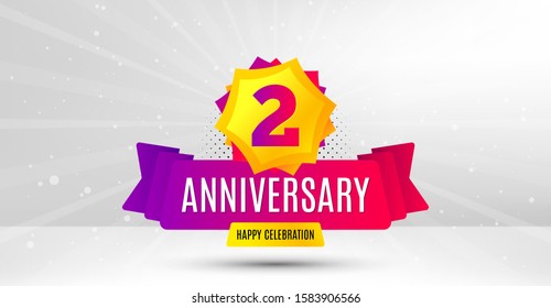 2 years anniversary. Birthday celebration party badge. Two years celebrating icon. Anniversary event template banner. Happy celebration badge. Vector