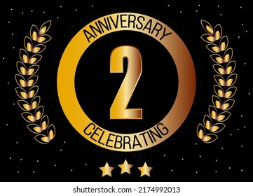 2 years anniversary celebrating gold. Anniversary vector with confetti, star and gold crown on black background.