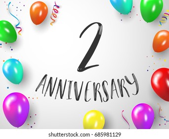 2 years anniversary celebration with background, colorful balloons, happy birthday vector illustration. Confetti and ribbons, Celebration background template with.