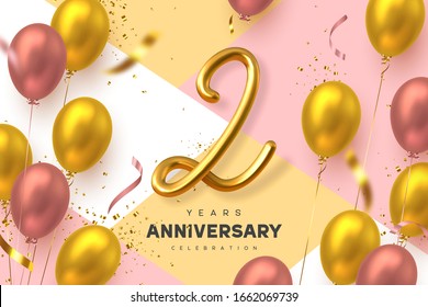 2 years anniversary celebration banner. 3d handwritten golden metallic number 2 and glossy balloons with confetti. Vector realistic template.