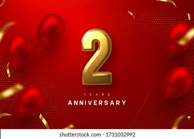 2 years anniversary celebration banner. 3d golden metallic number 2 and glossy balloons with confetti on red spotted background. Vector realistic template.