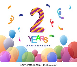 2 years anniversary celebration with colorful balloons and confetti, colorful design for greeting card birthday celebration