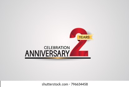 2 years anniversary celebration design with elegance red color and golden ribbon isolated on white background for celebration event