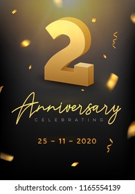 2 Years Anniversary Celebration event. Golden Vector birthday or wedding party congratulation anniversary two.