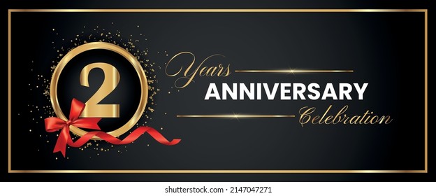 2 Years Anniversary Celebration Gold and Black Color Vector. anniversary celebration logotype with elegant modern number gold color for celebration, gold anniversary celebration, bow, ribbon, luxury.