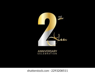 2 Years Anniversary Celebration gold and silver Vector Template, 2 number logo design, 2nd Birthday Logo,  logotype Anniversary,  Vector Anniversary For Celebration, poster, Invitation Card