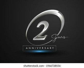 2 Years Anniversary Celebration. Anniversary logo with ring and elegance silver color isolated on black background, vector design for celebration, invitation card, and greeting card