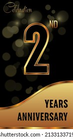 2 years anniversary celebration. Anniversary logo with ring and elegance golden color isolated on black background, vector design for celebration, invitation card, greeting card, and banner
