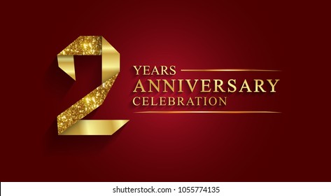 2 years anniversary celebration logotype style gift paper. Logo ribbon golden number on red background.