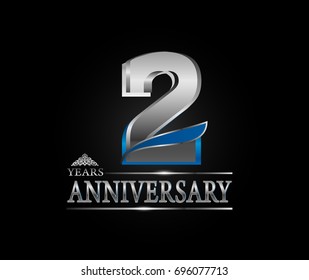 2 years anniversary celebration logotype. anniversary logo with silver color and tiny wing isolated on black background, vector design for celebration, invitation card, and greeting card