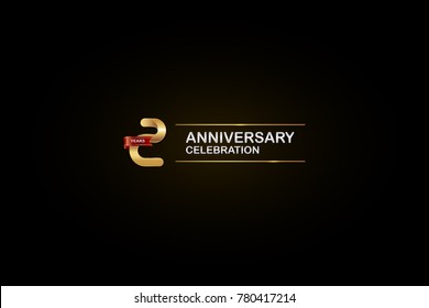 2 Years Anniversary Celebration Logotype with Golden, Silver color  and Red Ribbon Isolated on Black Background, Vector Design for  Invitation Card and Greeting Card.