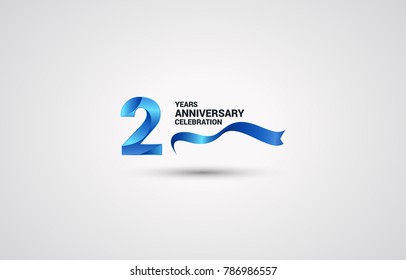 2 Years Anniversary celebration logotype colored with shiny blue, using ribbon and isolated on white background